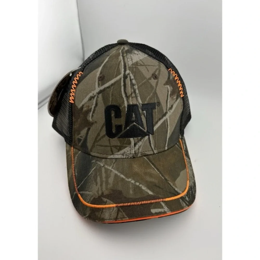 CAT Caterpillar Realtree Hardwoods Camo Trucker Hat Mesh Back Orange 4448801 NWT